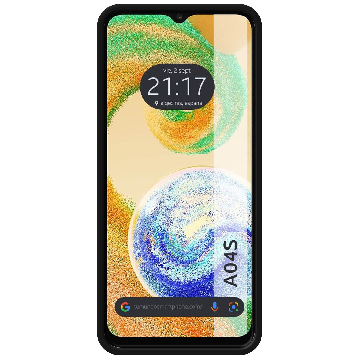 Smartphone con cornice nera, A04S sullo schermo. Lo schermo mostra l'ora e motivi colorati.