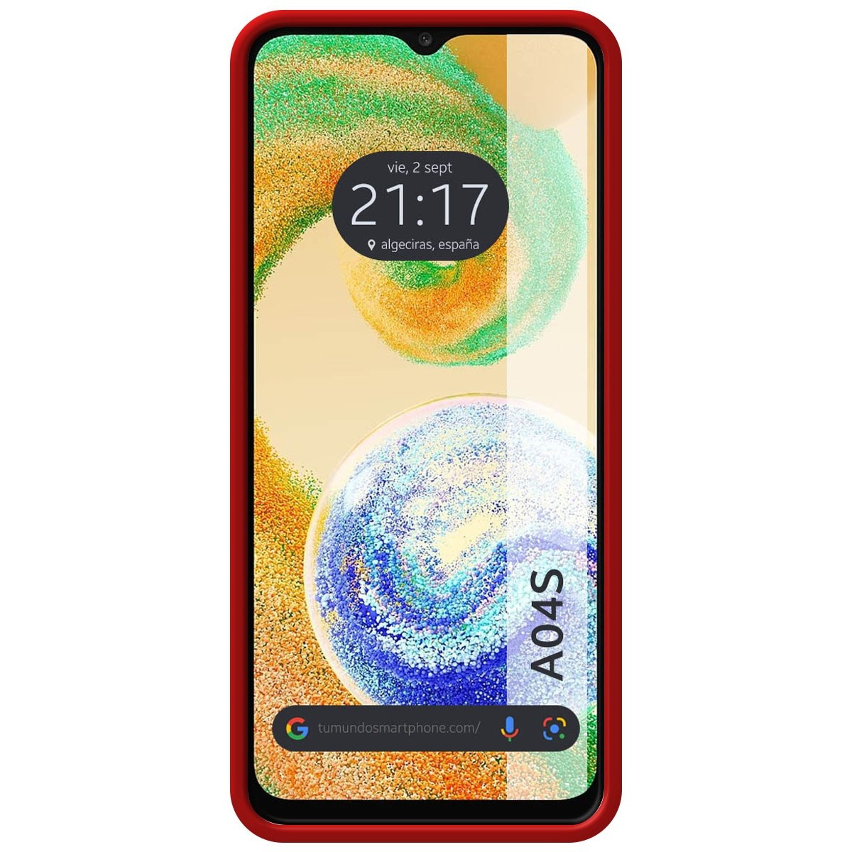 Smartphone con cornice rossa. Lo schermo mostra l'ora e un motivo colorato, A04S è visibile.