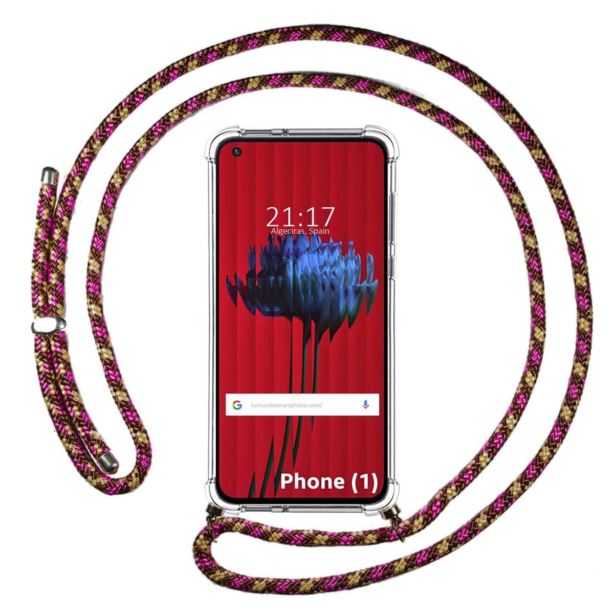 Telefono con cordino, custodia trasparente e immagine floreale.