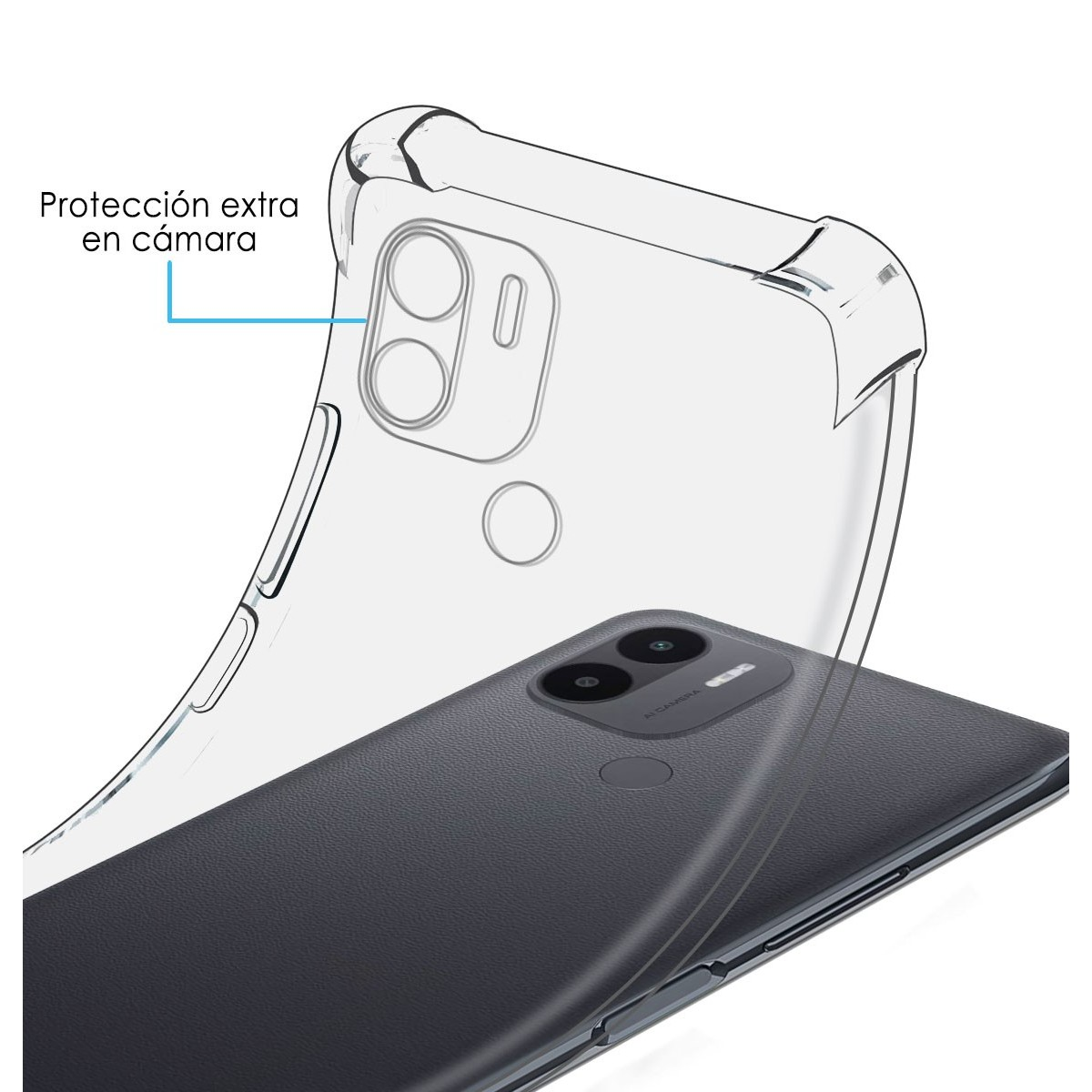 Una custodia trasparente con un telefono all'interno, che mostra la fotocamera.