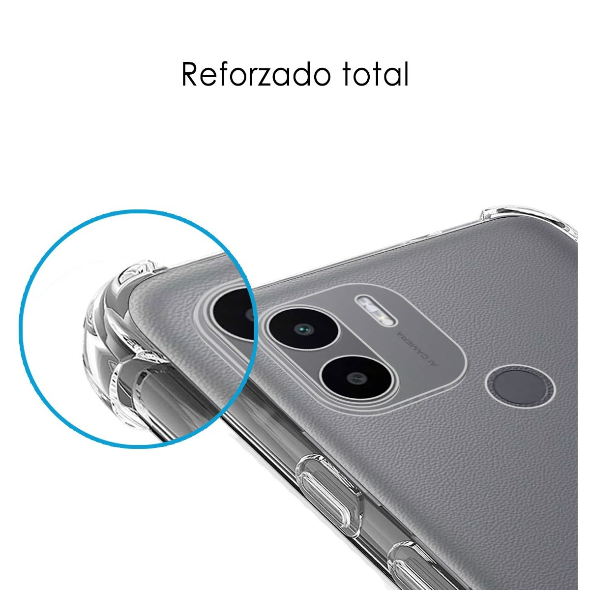 Una custodia per telefono con una cornice trasparente. La fotocamera e un cerchio blu sono visibili.