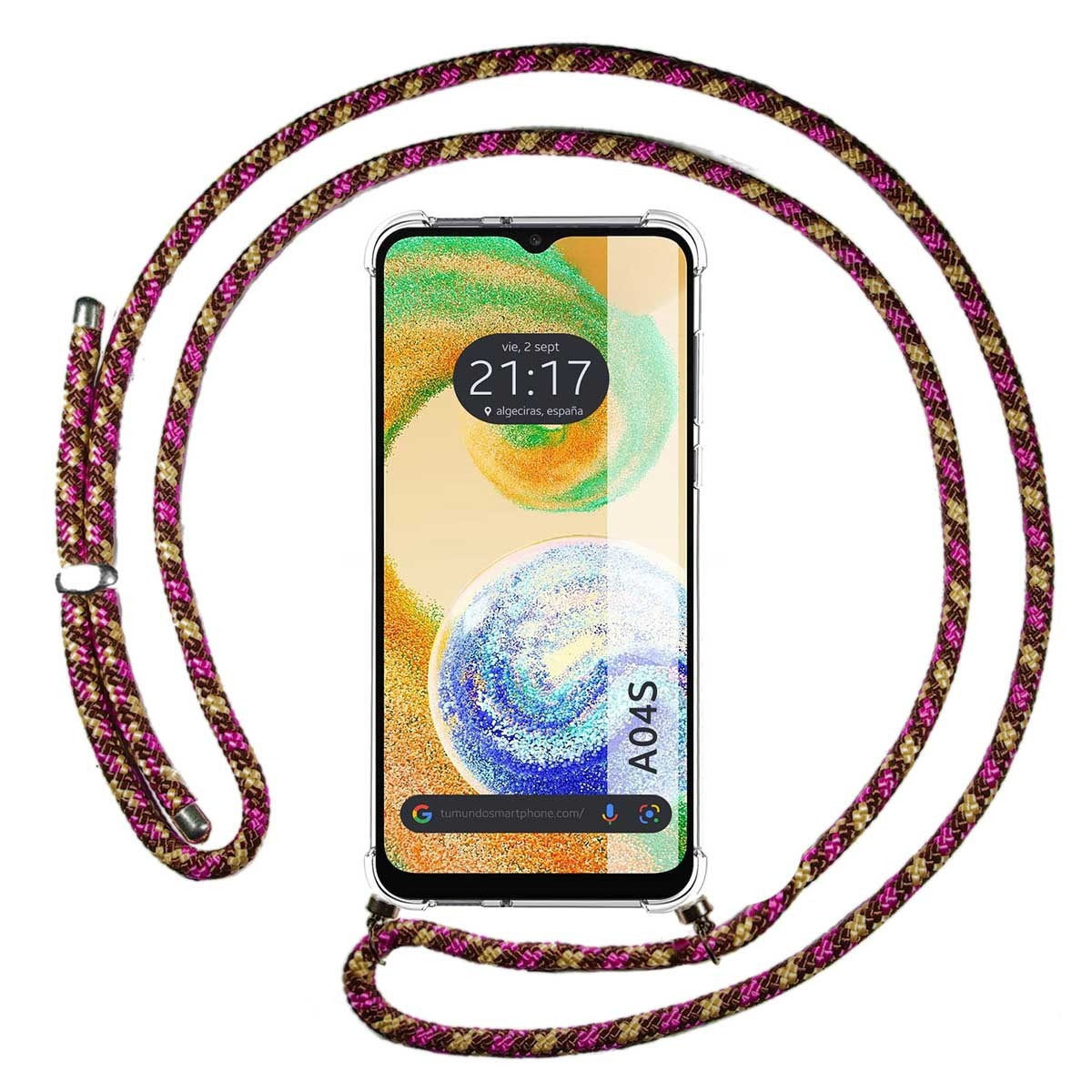 Telefono con un cordino fantasia. Lo schermo mostra un motivo e l'ora.