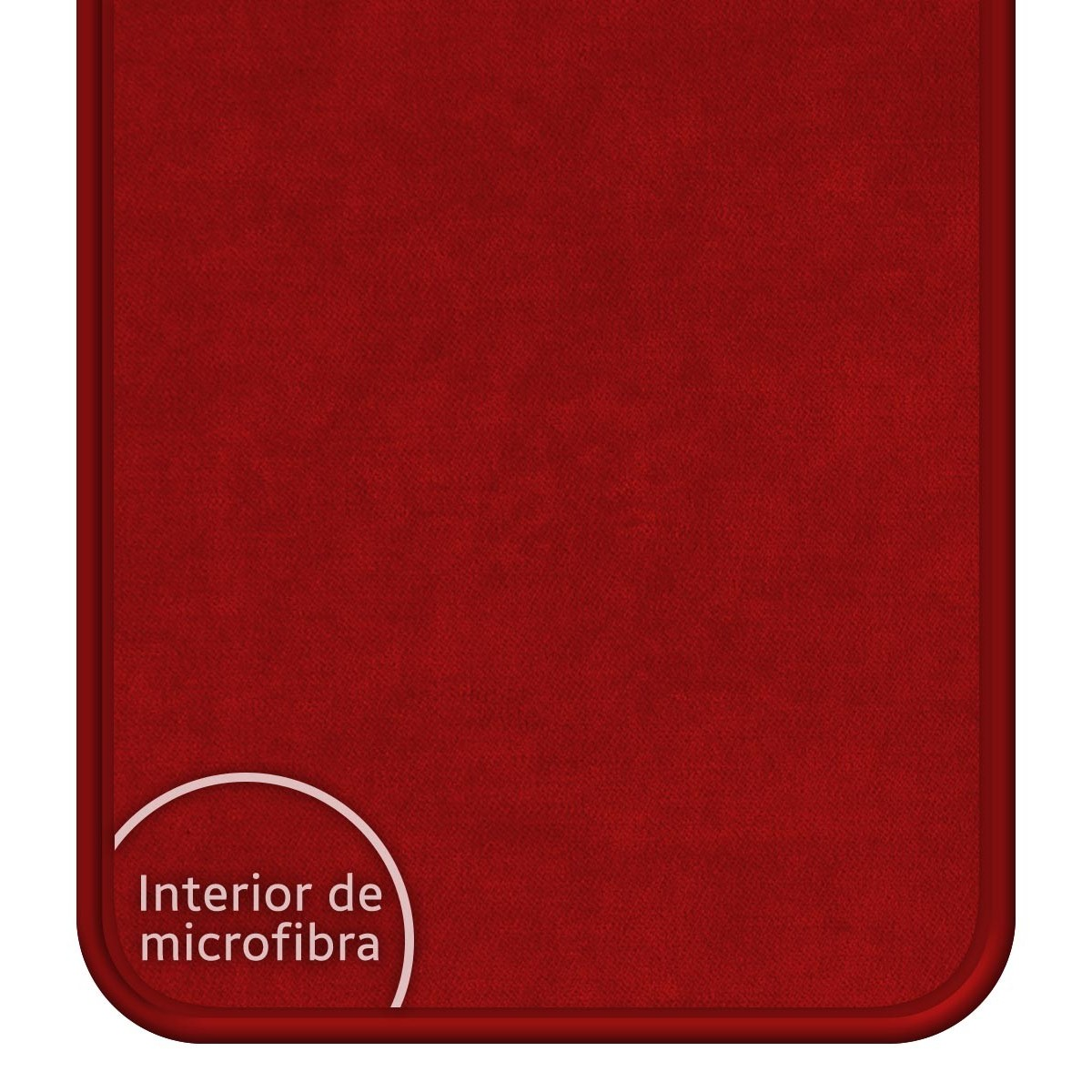 Interior de microfibra rojo, con forma de rectángulo redondeado. El texto 'Interior de microfibra' está presente.