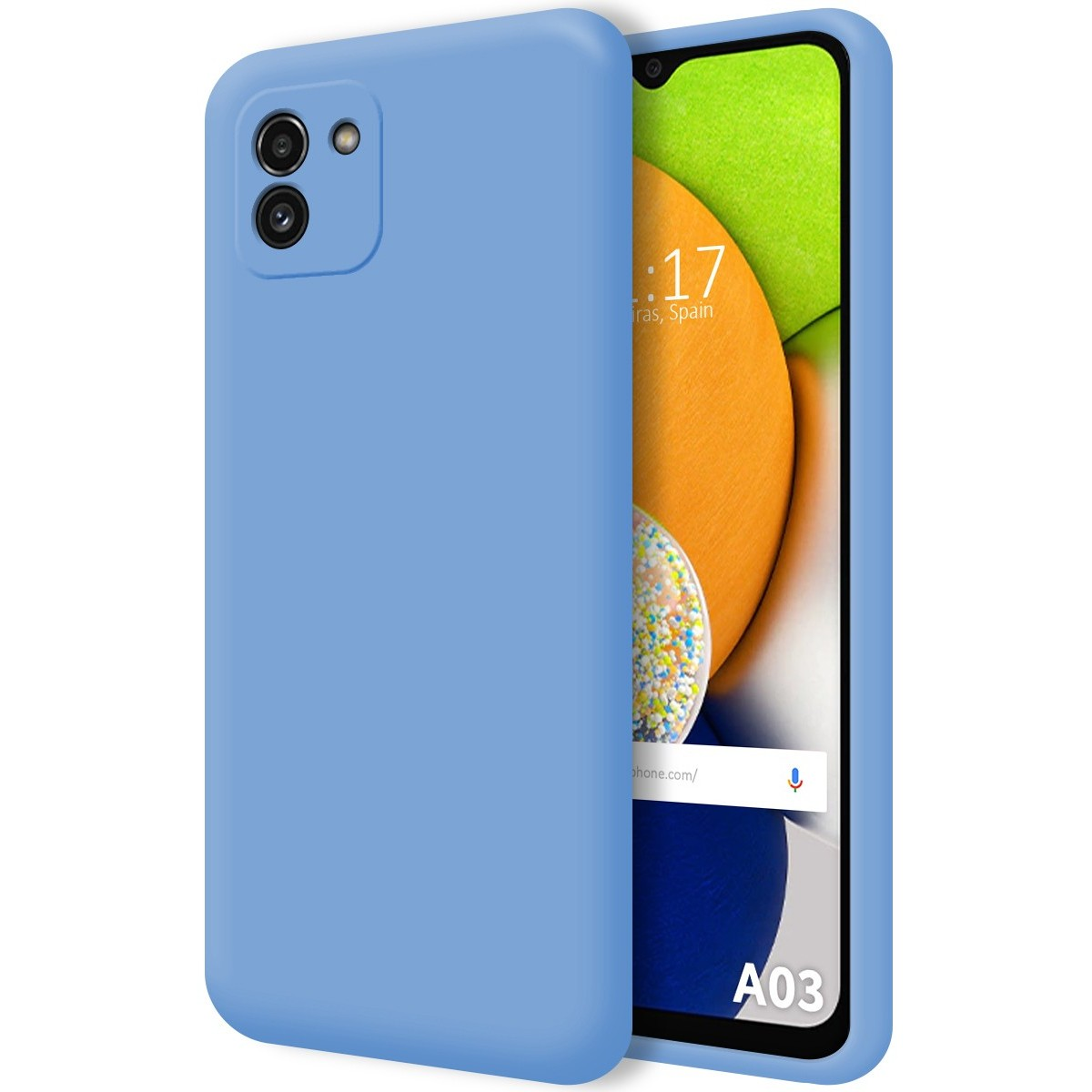 Custodia blu con smartphone che mostra l'ora e il modello del telefono.