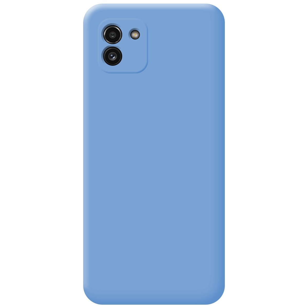 Custodia per telefono azzurra. Due obiettivi della fotocamera in alto. La custodia è semplice.
