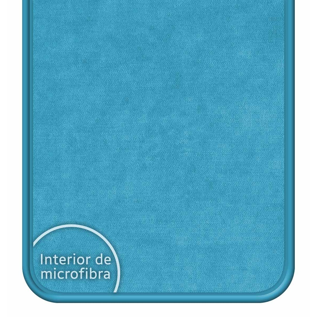 Se muestra una funda de teléfono con interior de microfibra azul.
