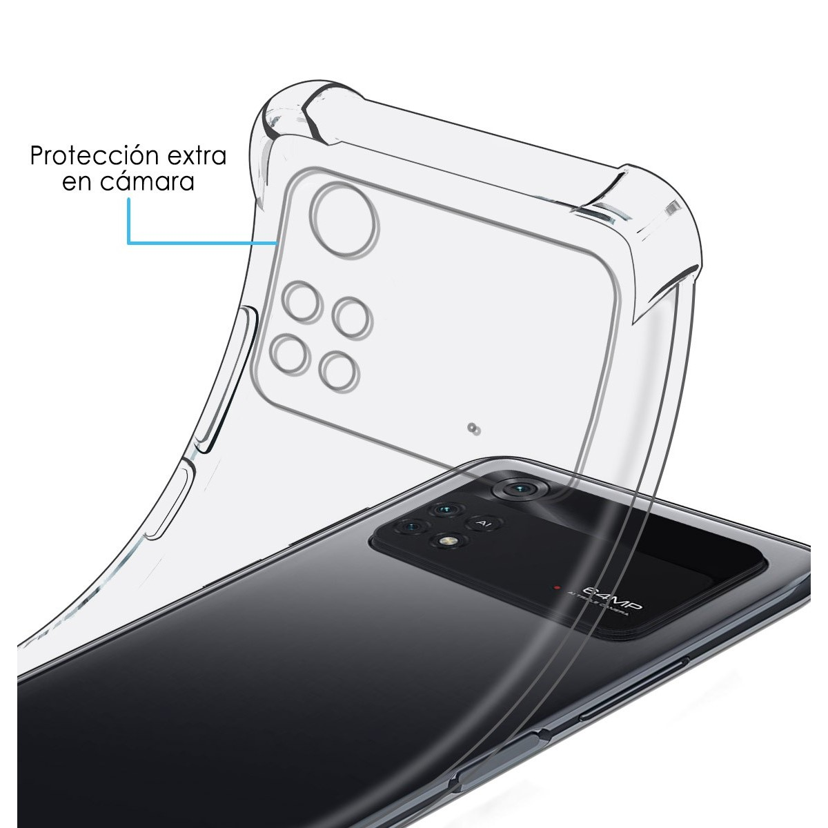 Custodia trasparente su un telefono nero. La custodia ha una protezione per la fotocamera.