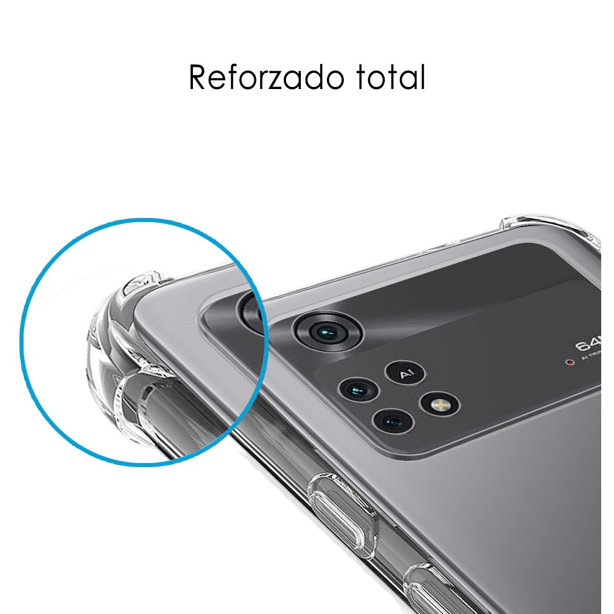 Primo piano della custodia con fotocamera e testo 'Reforzado total'.