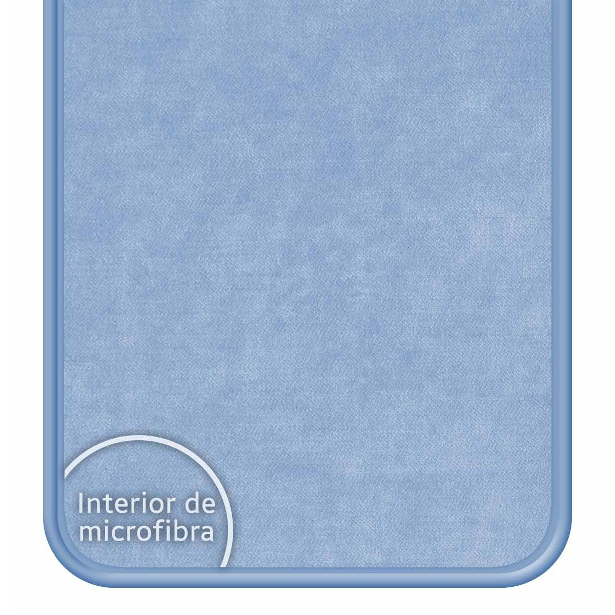 Interior de microfibra azul, con forma de rectángulo redondeado. El texto 'Interior de microfibra' está presente.