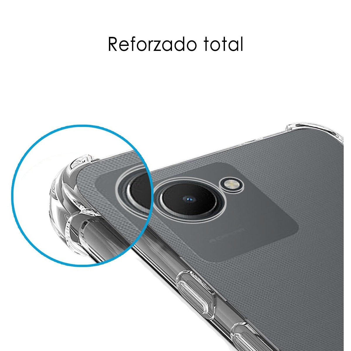 Primer plano de una funda de teléfono. Tiene recorte de cámara y borde redondeado.