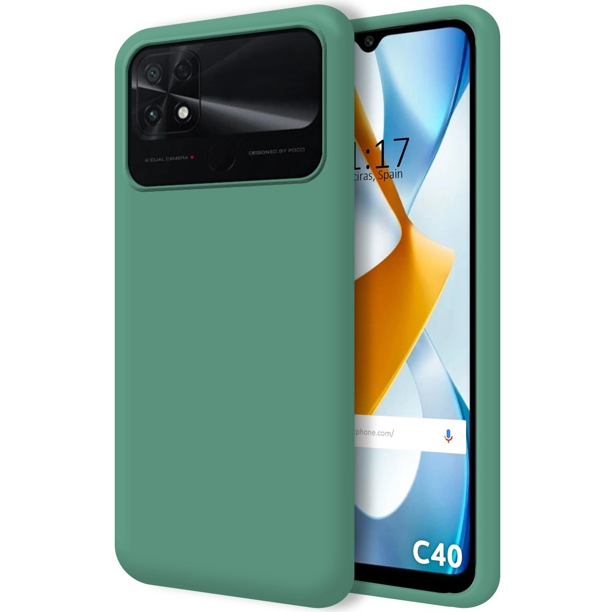 Custodia verde con design fotocamera nero. Lo schermo mostra ora e sito web.