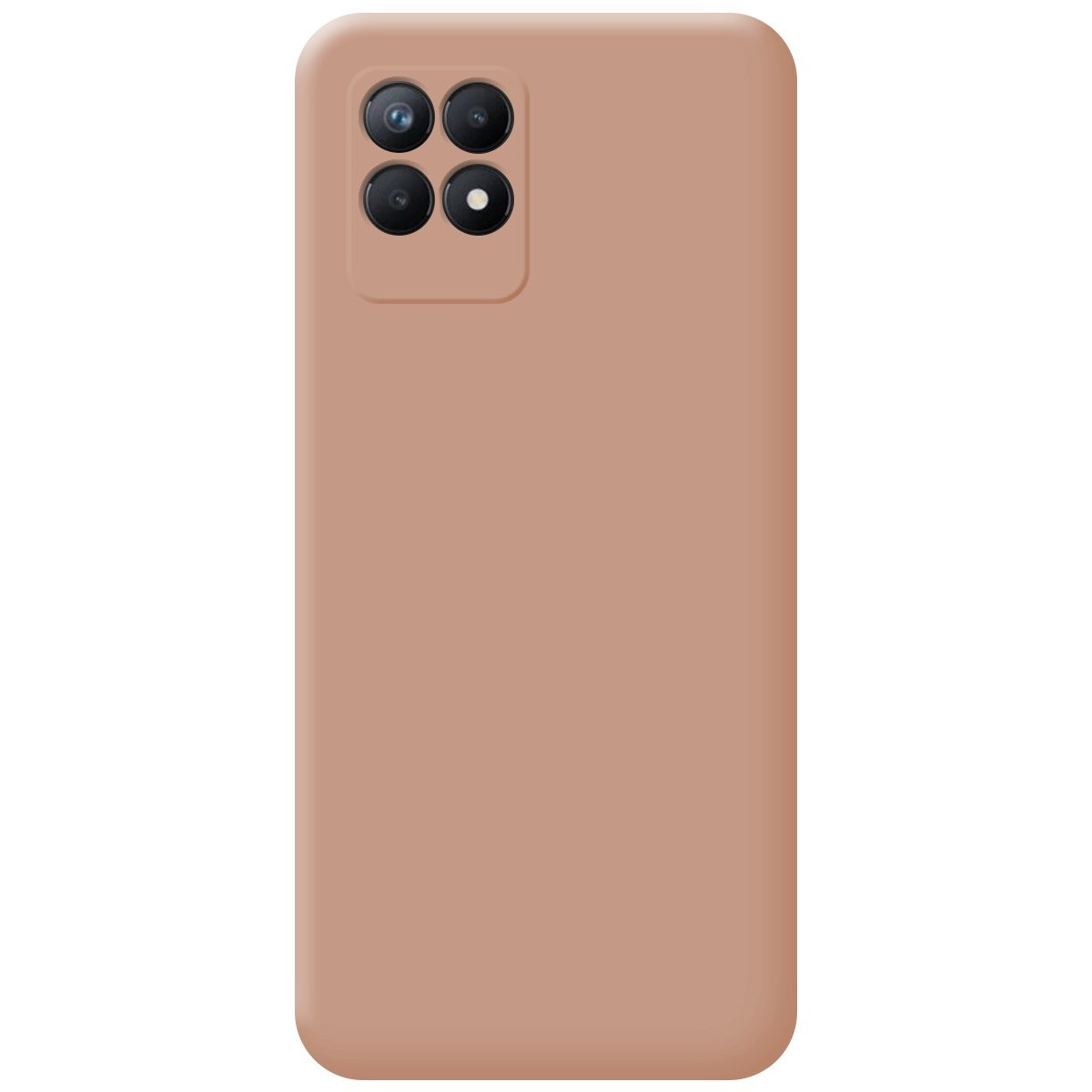 Funda para teléfono, color marrón claro liso, con módulo de cámara. Enfoque en la parte trasera.