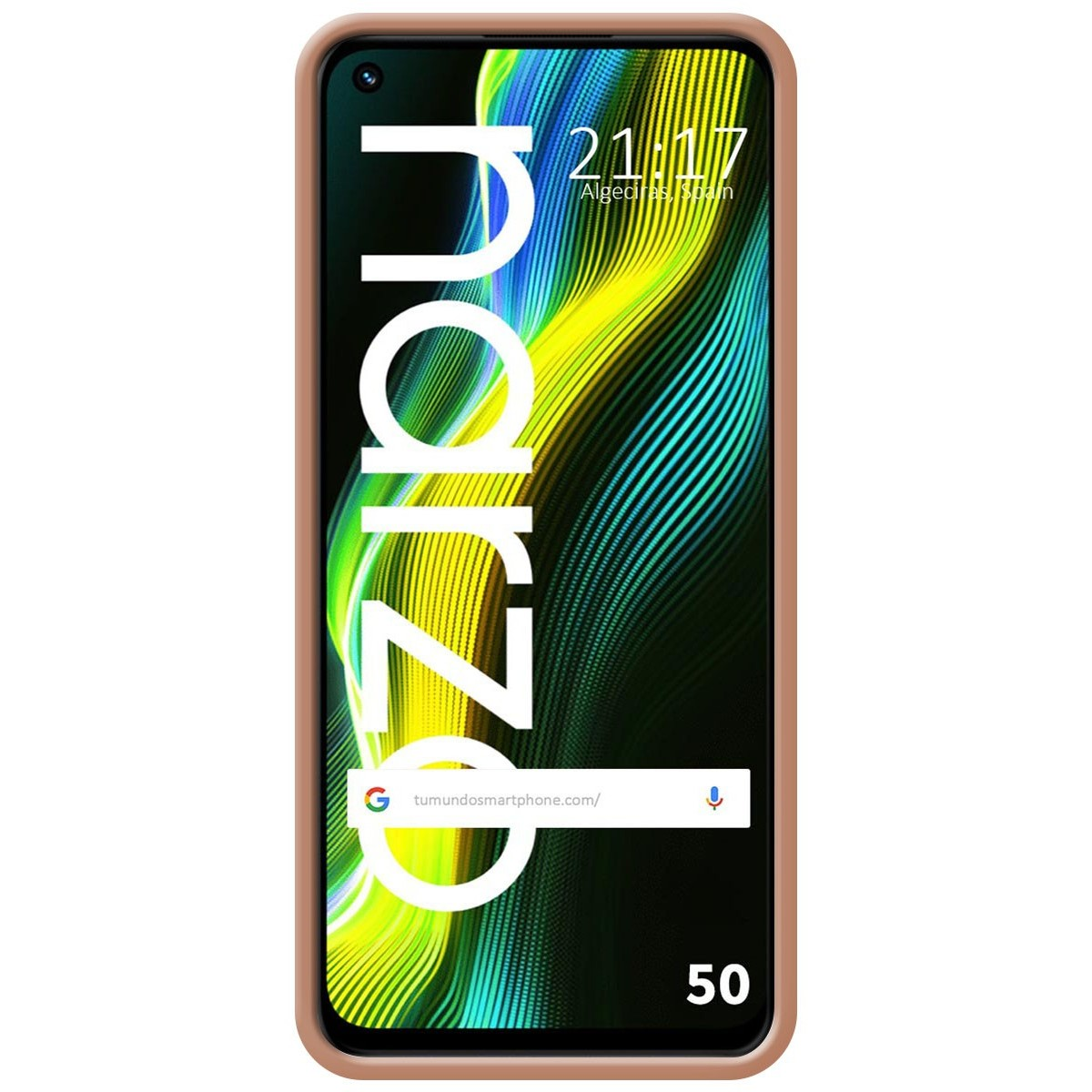 Funda de teléfono con texto Narzo blanco grande sobre fondo verde. Pantalla del teléfono muestra texto.