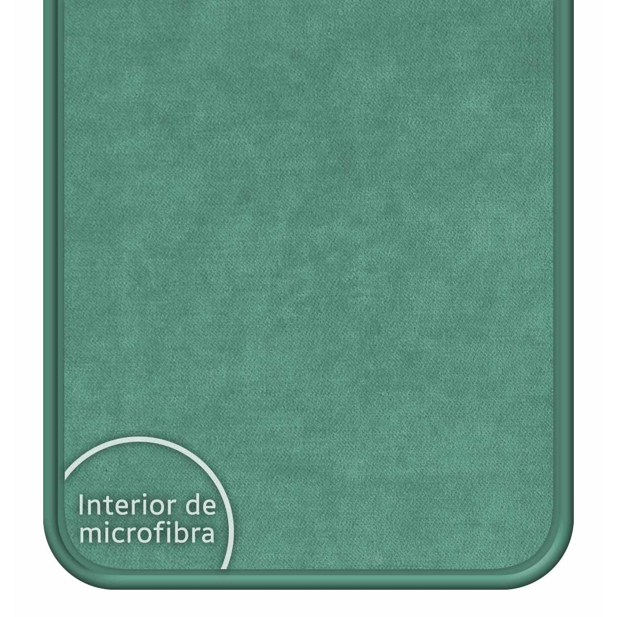Interior de microfibra verde, con forma de rectángulo redondeado. El texto 'Interior de microfibra' está presente.