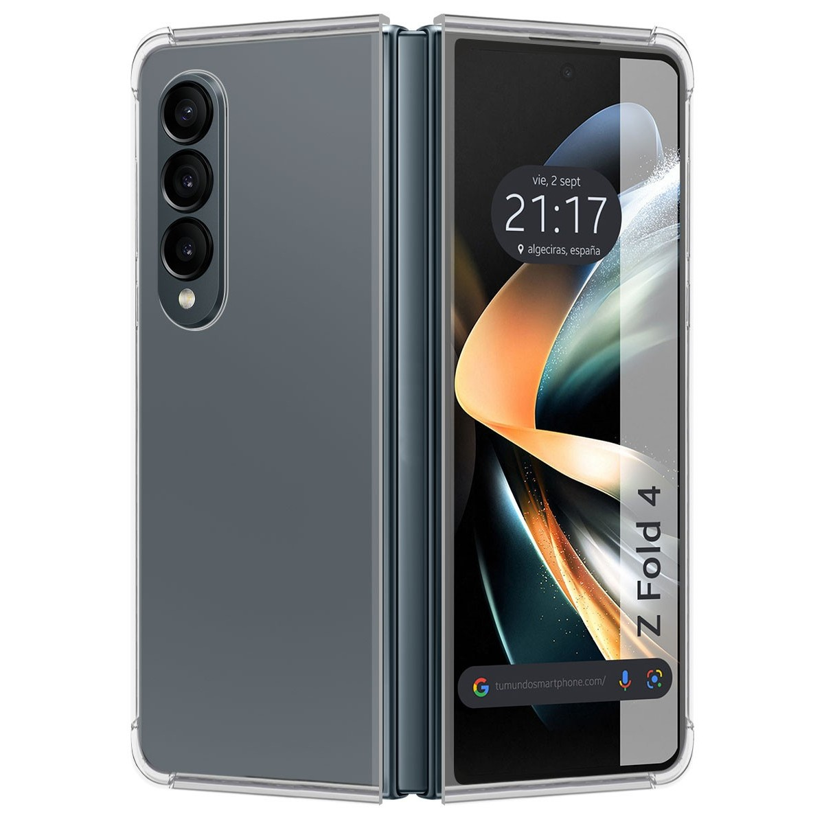Teléfono plegable abierto con una funda transparente. Muestra una hora y las palabras 'Z Fold 4'.