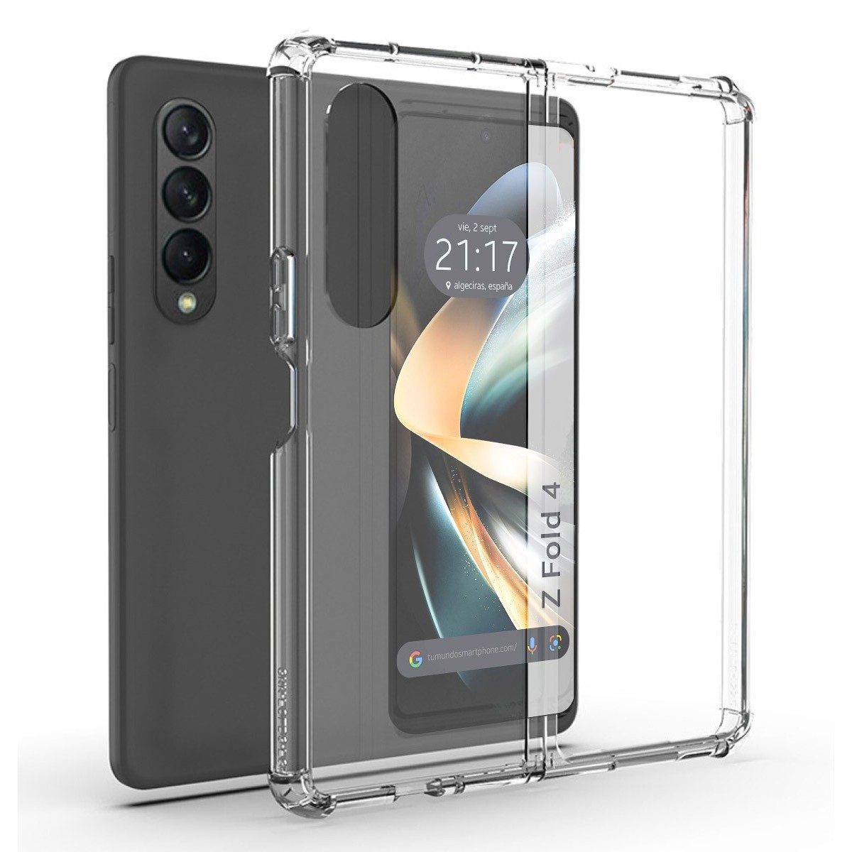 Teléfono con funda. El teléfono está abierto con la vista de la pantalla. La pantalla del teléfono muestra la hora.