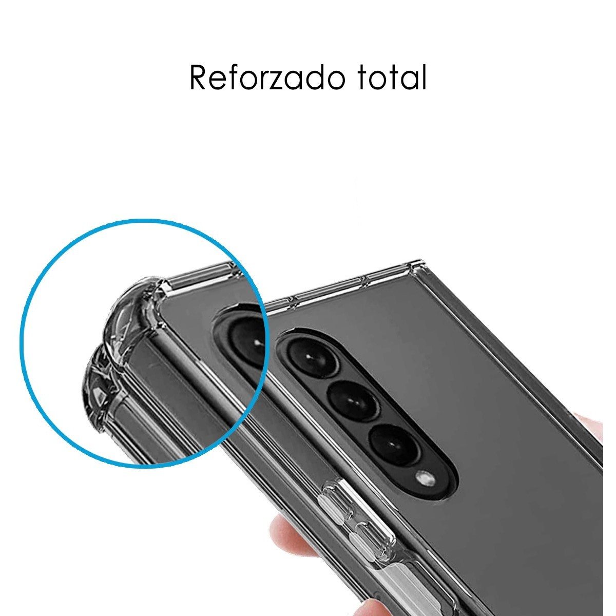 Primer plano de una funda de teléfono. El texto dice: 'Reforzado total'.