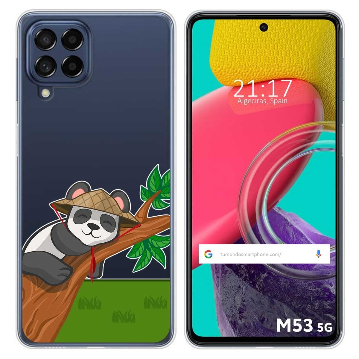 Dos smartphones, uno con un panda durmiendo en un árbol.