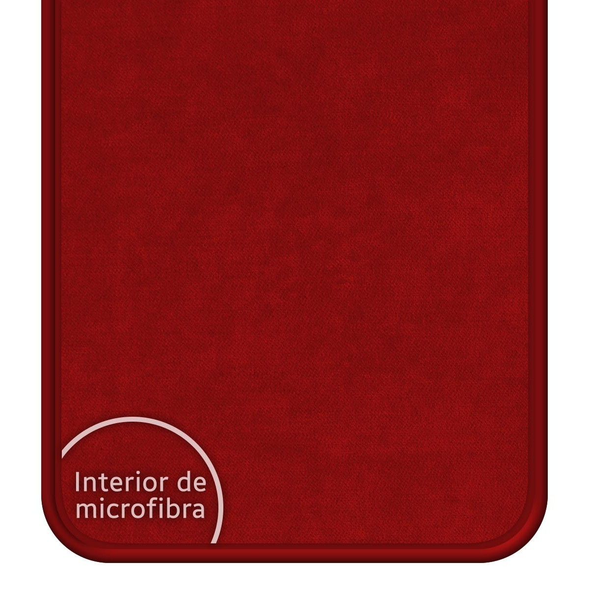 Interior de microfibra rojo. Texto en un círculo blanco: Interior de microfibra.
