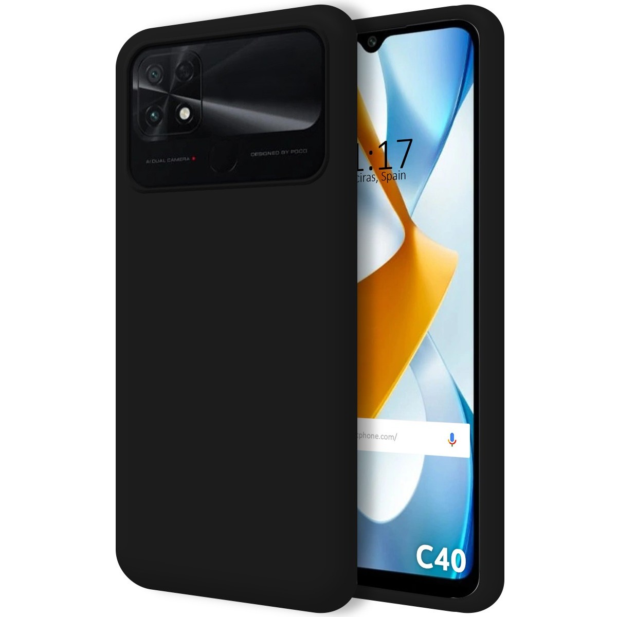 Custodia per telefono nera con un'impostazione della fotocamera del telefono e uno schermo del telefono nero.