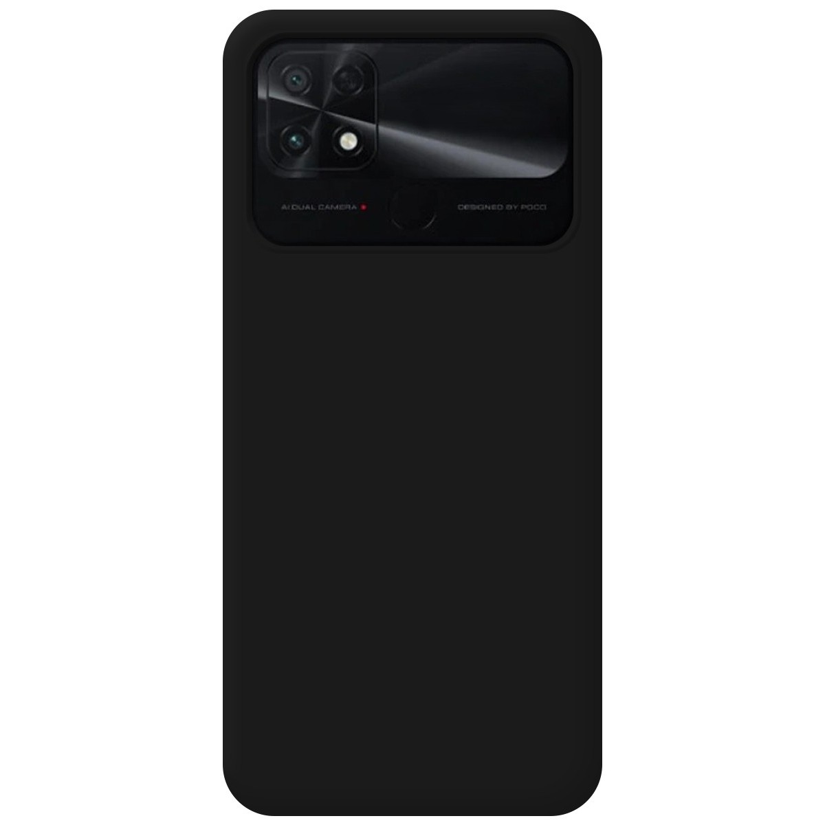 Custodia nera per telefono con modulo fotocamera. La custodia ha un'estensione ed è nera.