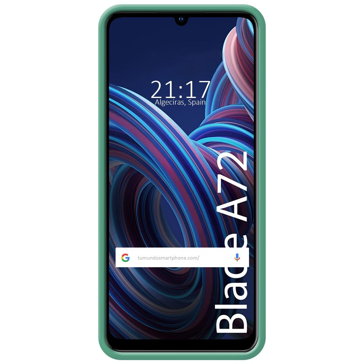 Funda verde con pantalla que muestra hora y ubicación, y las palabras 'Blade A72'.