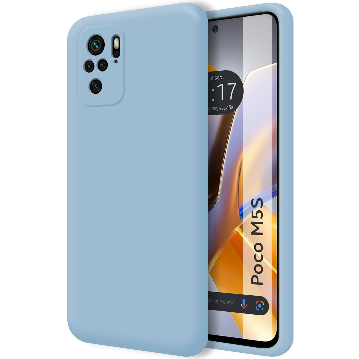 Una custodia blu su un telefono che mostra uno schermo Poco M5S.