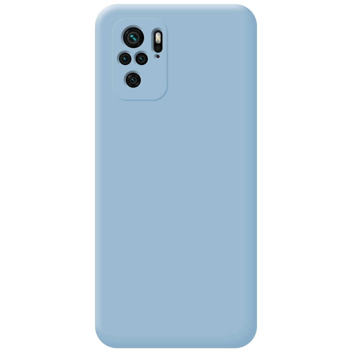 Una custodia per telefono azzurra. Il retro presenta un modulo fotocamera.