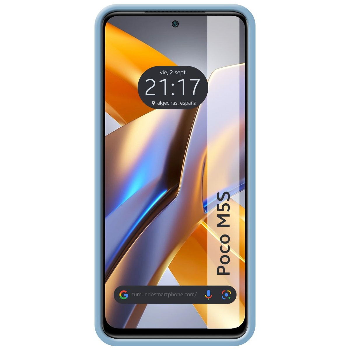 Telefono con custodia blu. Lo schermo mostra l'ora, un logo e un design futuristico.
