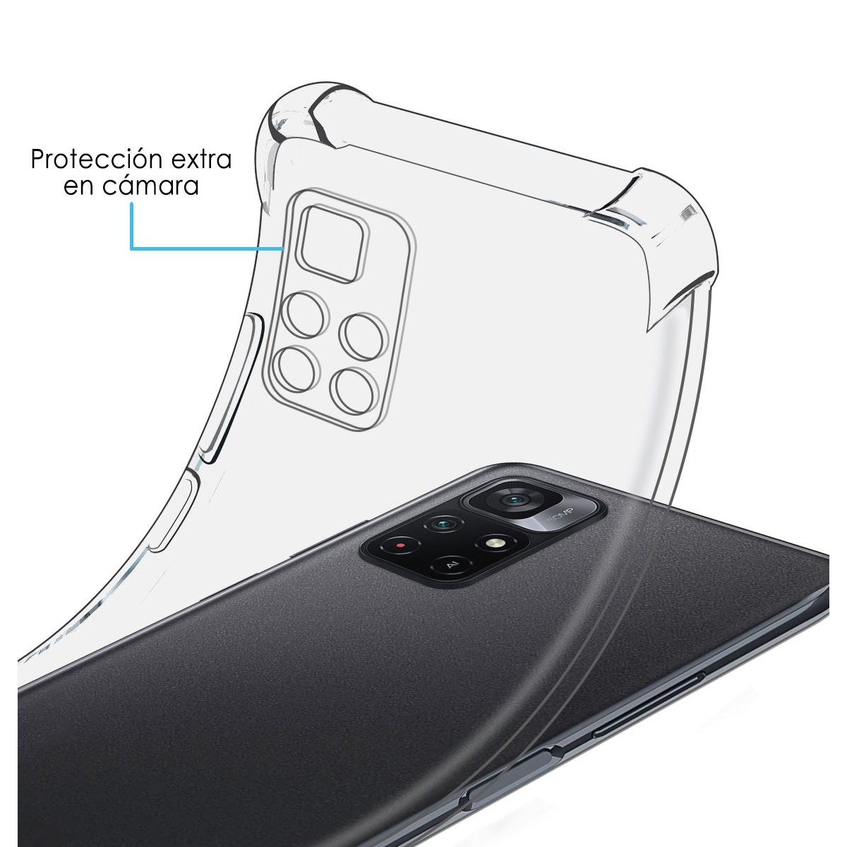 Custodia per telefono con protezione della fotocamera. Testo: 'Protección extra en cámara'.
