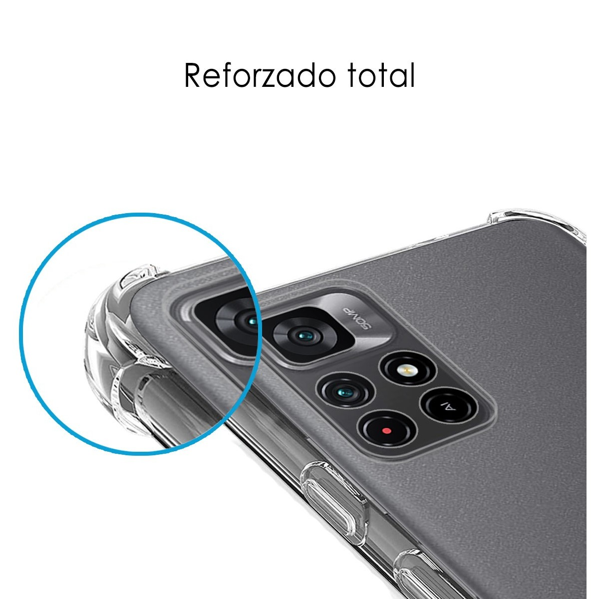 Primo piano di una custodia con lenti della fotocamera, con un cerchio blu nell'angolo.