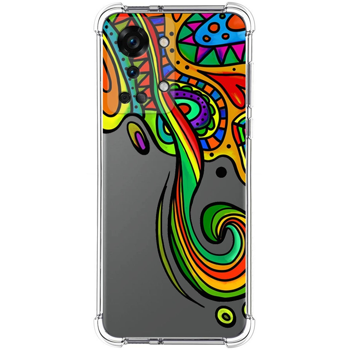 Funda de teléfono con un diseño abstracto colorido. La pantalla del teléfono es negra.