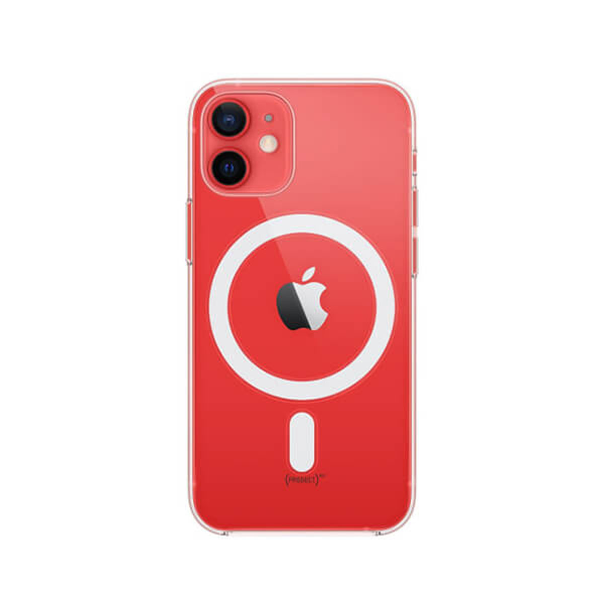 Red phone case with Apple logo and a phone with red back and a white Apple logo.