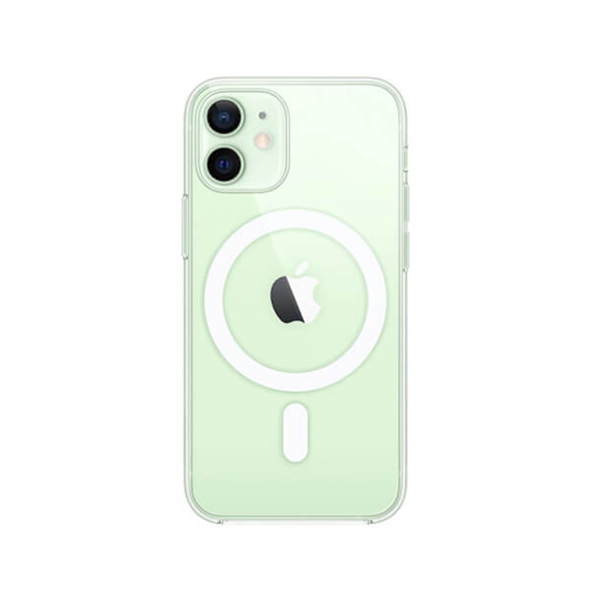 Groene telefoonhoes met een witte cirkel en Apple-logo. Transparante hoes op een witte achtergrond.