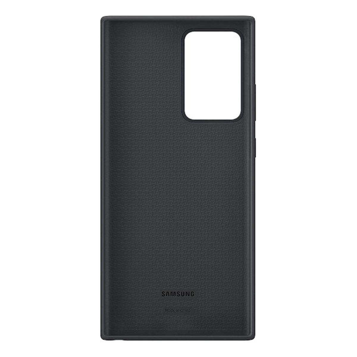 Funda de teléfono negra con un recorte rectangular para la cámara y una textura de cuero negro.