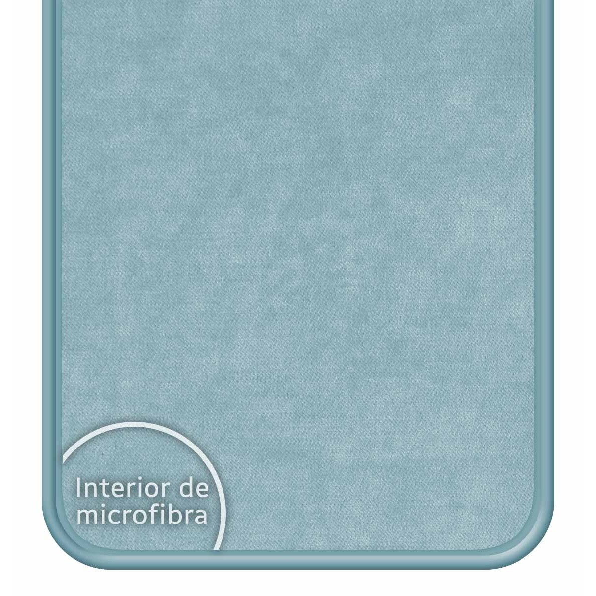 Funda con textura de microfibra azul claro en la parte trasera, con etiqueta de texto circular.