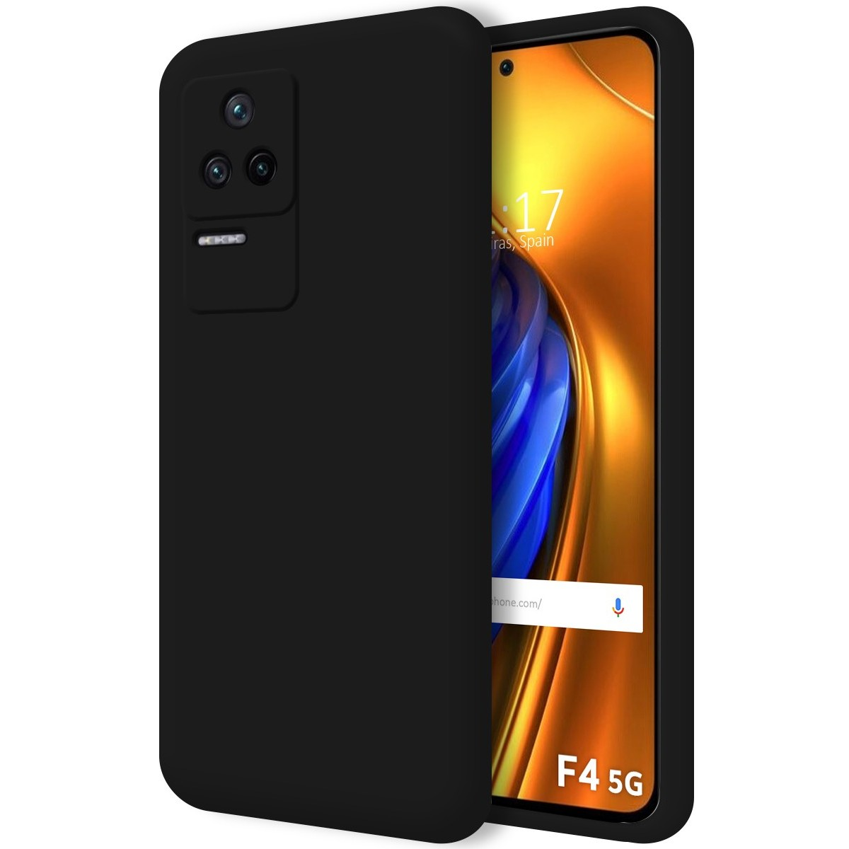 Custodia nera e schermo del telefono con ora e sito web, con sfondo giallo e arancione.