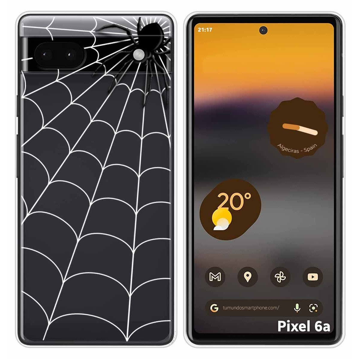 Funda de teléfono con diseño de telaraña. El teléfono muestra la hora y el tiempo.