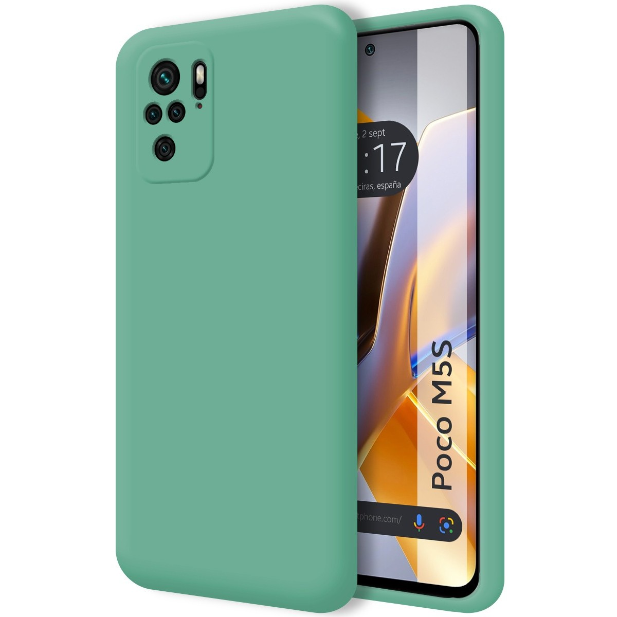 Custodia per telefono verde. Lo schermo mostra ora e luogo.