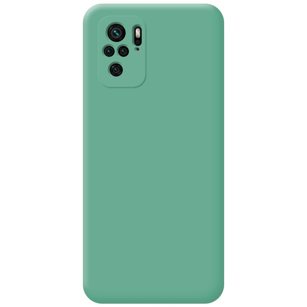 Una custodia per telefono verde tinta unita con la fotocamera e il flash visibili.
