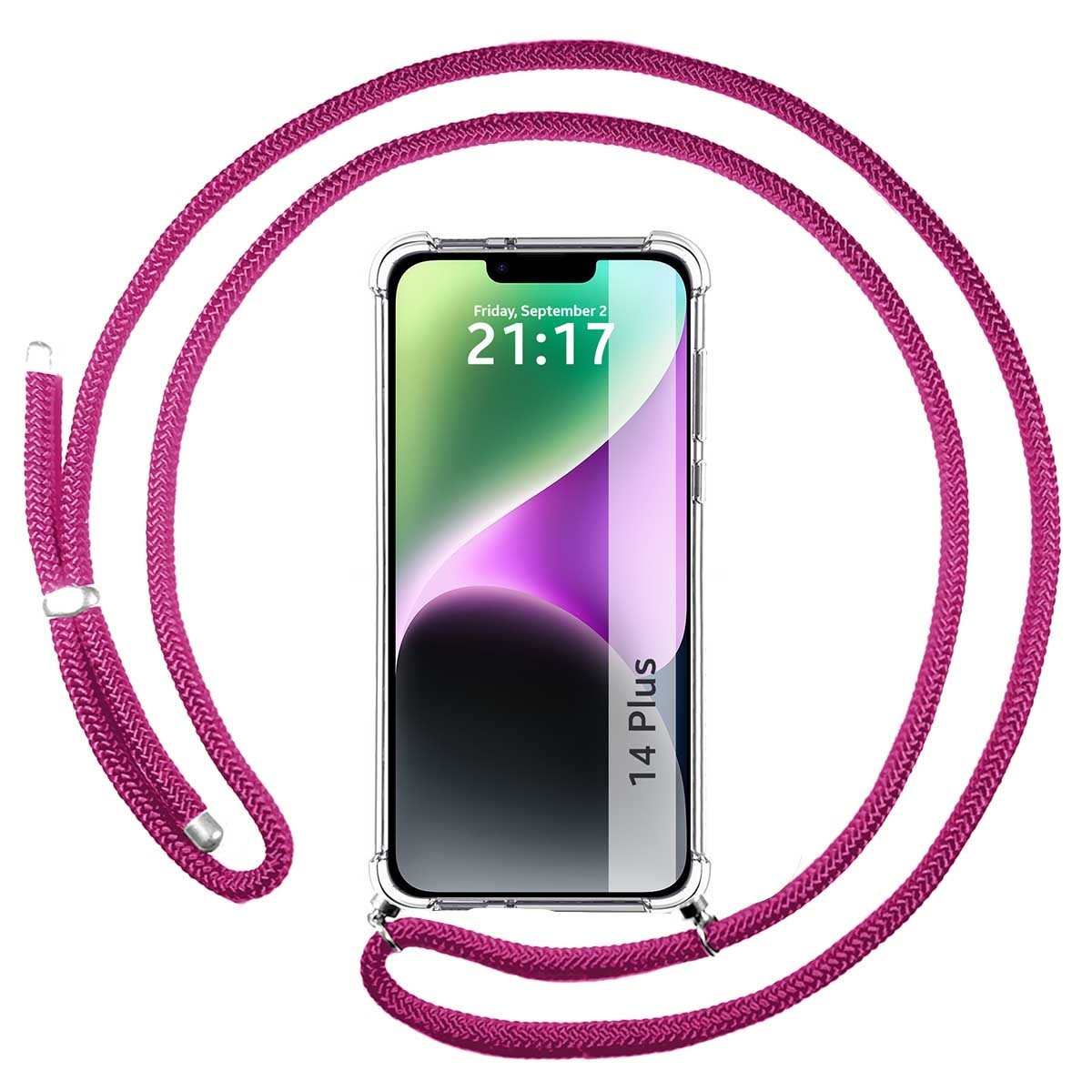 Funda de teléfono con cordón rosa. La pantalla muestra la hora.