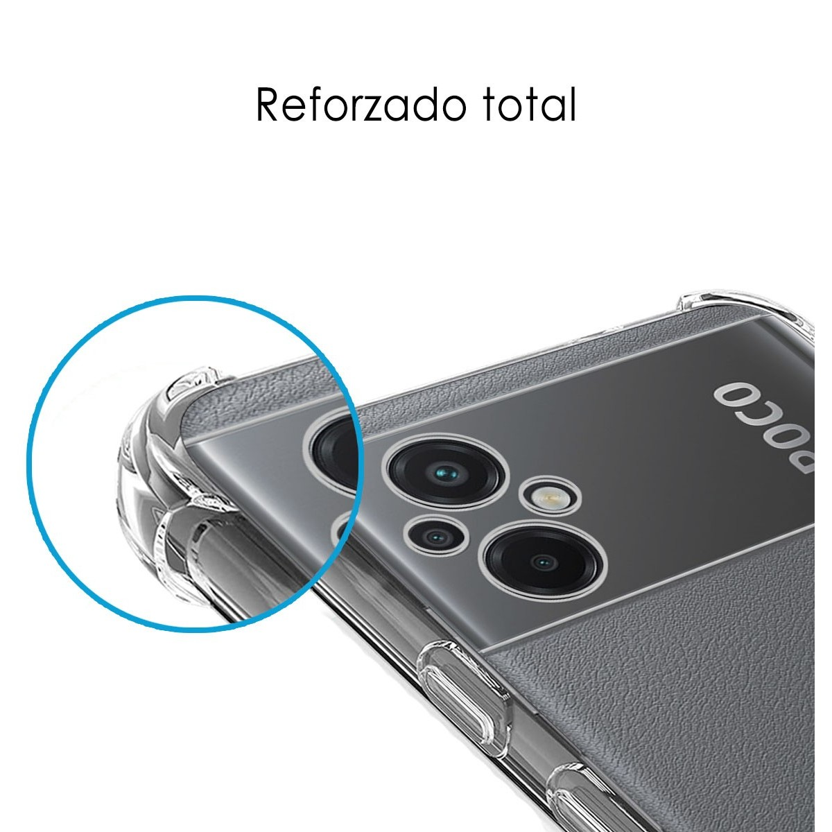 Vista ravvicinata di una custodia per telefono con il testo 'Reforzado total', che mostra l'angolo e la fotocamera.