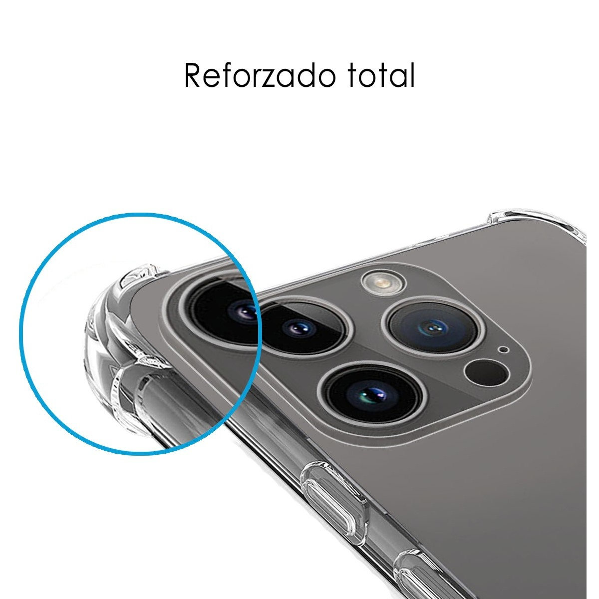 Un primo piano di una custodia per telefono con una cornice protettiva trasparente intorno alla fotocamera.