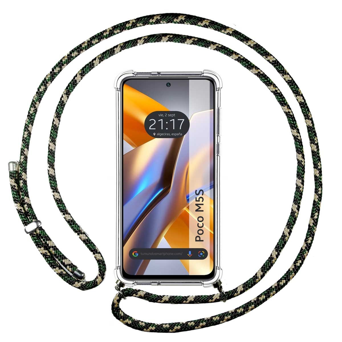 Custodia per telefono con un cinturino fantasia. Lo schermo mostra ora e sito web.