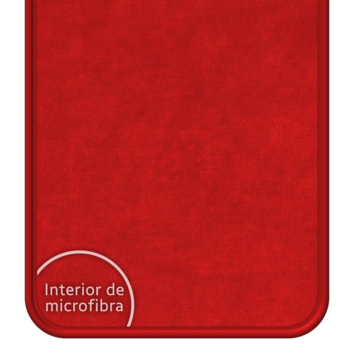 Una funda roja de microfibra, con un círculo blanco con las palabras 'Interior de microfibra'.