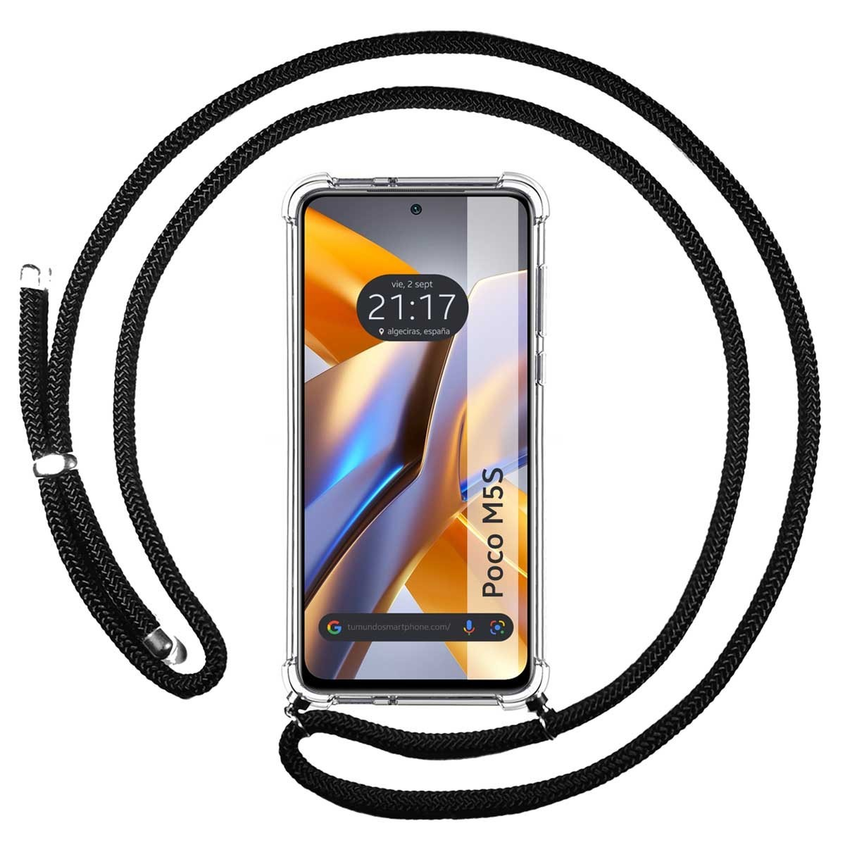 Telefono con cinturino nero. Lo schermo mostra ora e luogo.