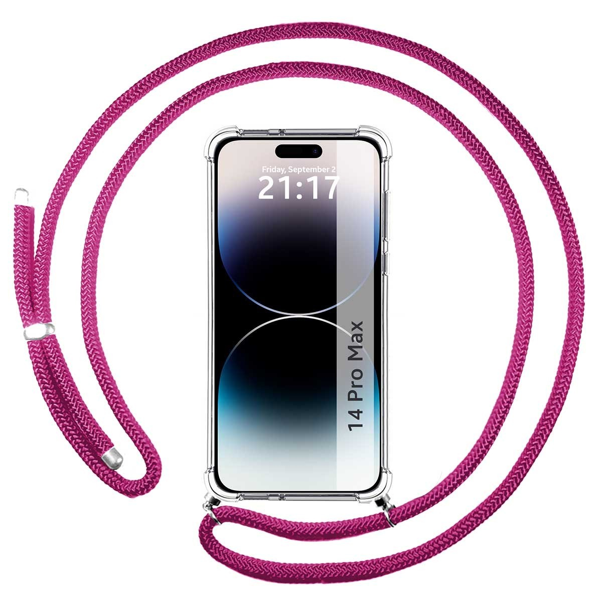 Telefono con cinturino rosa e custodia trasparente. Lo schermo mostra l'ora e la data.