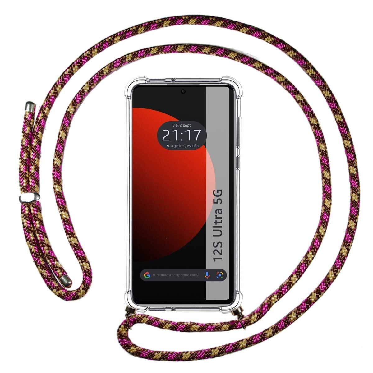 Telefono con cinturino nero e rosa. Il display mostra l'ora e il testo: 12S Ultra 5G. Sfondo rosso.
