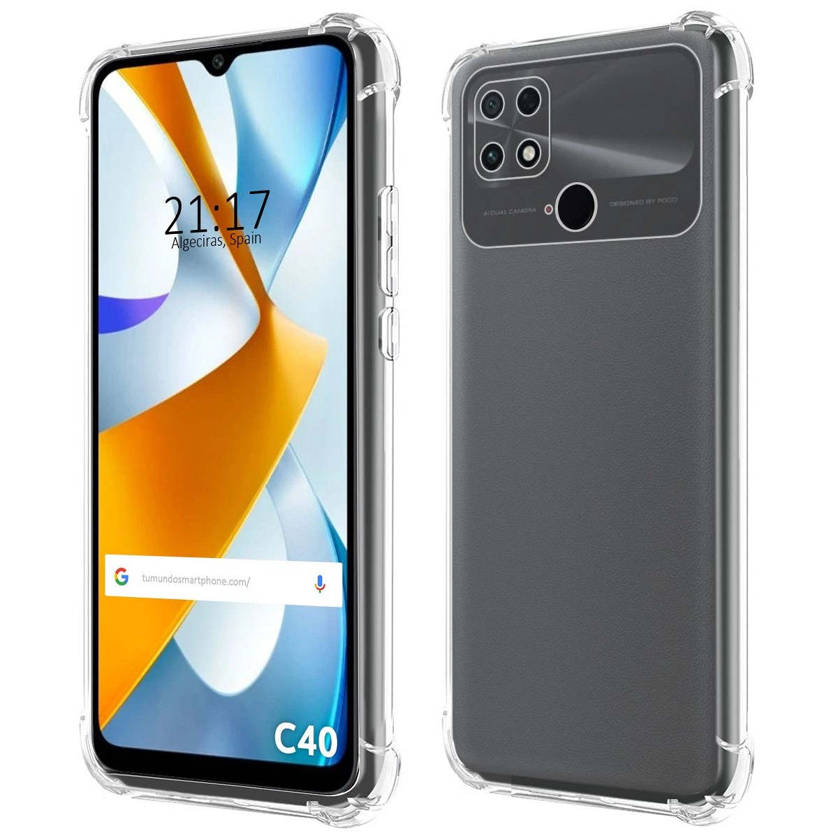 Custodia per telefono con telefono, con una custodia trasparente e uno schermo.
