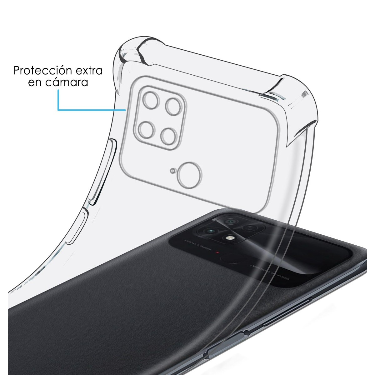 Custodia trasparente su telefono nero. Testo sulla custodia: 'protezione extra fotocamera'.